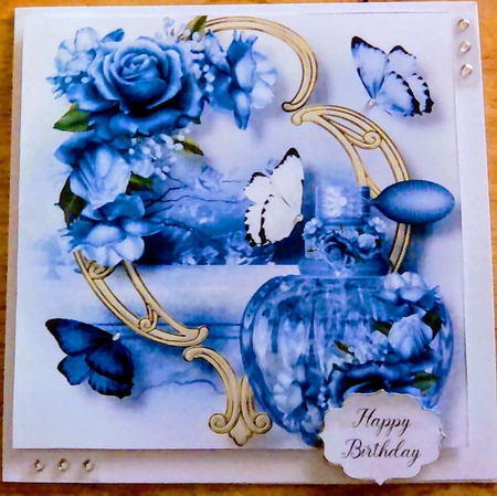 Perfume Bottle On Golden Frame - Beautiful Blue Blooms 8x8 by Mary Lynn Cox