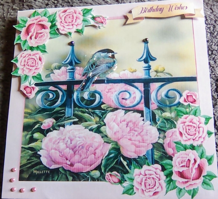 sweet little bird on a rail with pink roses 8x8 by Mary Lynn Cox