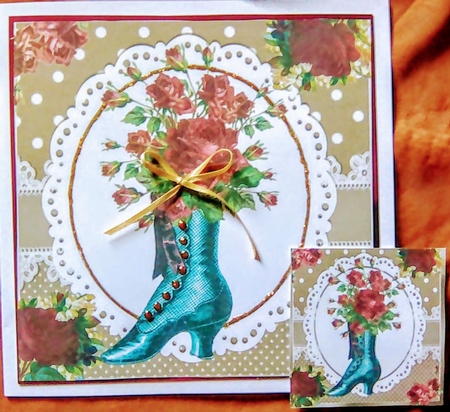 Lovely vintage boot with red roses and lace 8x8 by Mary Lynn Cox
