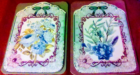 2 pretty ornate lace and bow card fronts with water colour blue flowers by Mary Lynn Cox