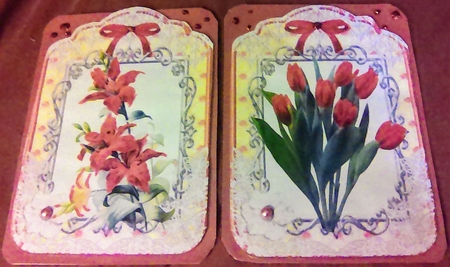 2 pretty ornate lace and bow card fronts A5 orange tulips by Mary Lynn Cox