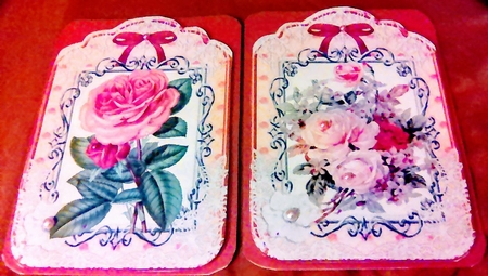 2 pretty ornate lace and bow card fronts A5 red flowers by Mary Lynn Cox