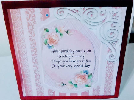 fancy pink lace ornate corner card front 8x8 by Mary Lynn Cox