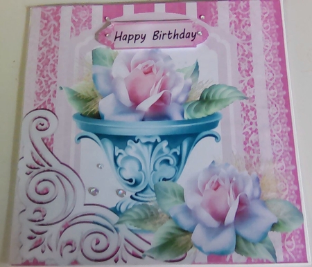 fancy cerise lace ornate corner card front 8x8 with rose vase by Mary Lynn Cox