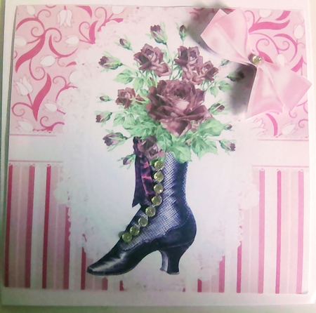 pretty vintage boot with pink flowers on lace 8x8 by Mary Lynn Cox