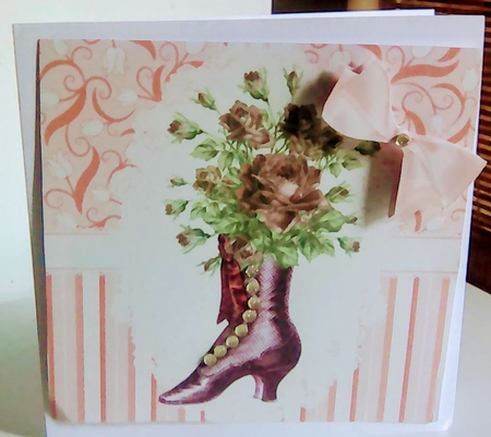 pretty vintage boot with orange stripe and flowers on lace 8x8 by Mary Lynn Cox