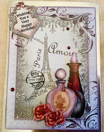 Parisian Perfumes - 7x5 inch card front with decoupage by Mary Lynn Cox