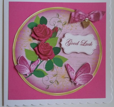 Cerise Rose Good Luck 7in Circle Decoupage Topper by Mary McDaid
