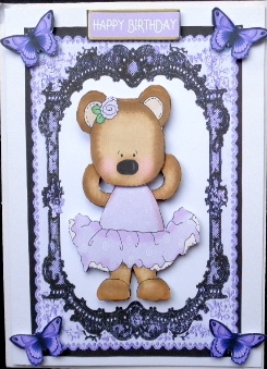 Cute Little Bear in Purple Dress on Lace Frame by Mary Murphy