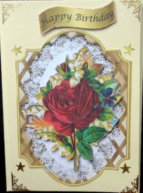 Vintage Red Rose with Gold Bow on Lace and Lattice Frame by Mary Murphy