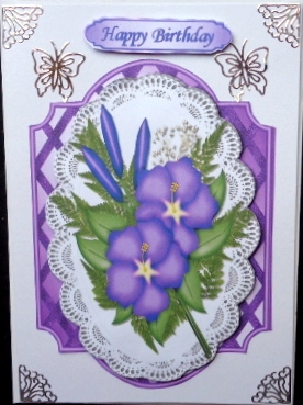 Pretty Purple Flowers on Lace with Lattice Frame by Mary Murphy
