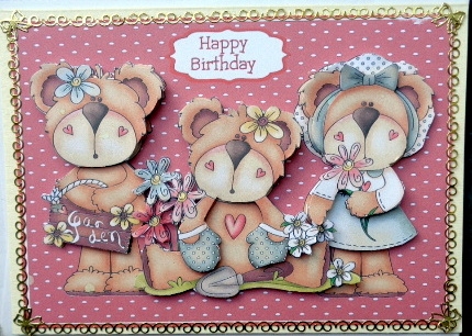 Birthday Card with Decoupage Teddy Bear Gardeners by Mary Murphy