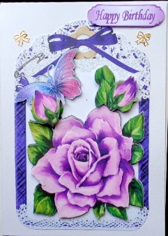 Pretty Painted Purple Roses and Butterflies in Lace Frame by Mary Murphy