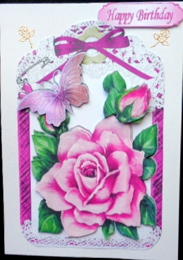 Pretty Painted Pink Roses and Butterflies in Lace Frame by Mary Murphy