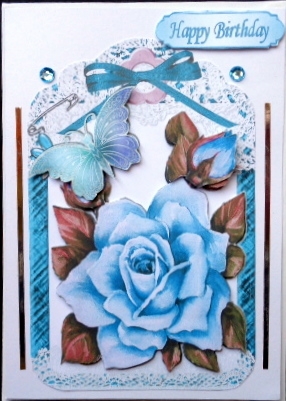 Pretty Painted Turq Roses and Butterflies in Lace Frame by Mary Murphy
