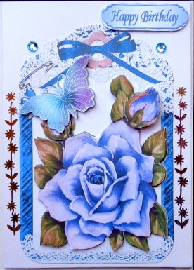 Pretty Painted Blue Roses and Butterflies in Lace Frame by Mary Murphy