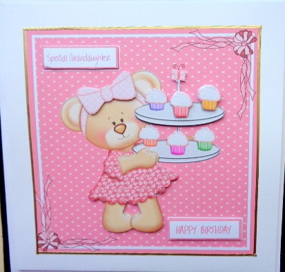 Birthday Card with Decoupage Teddy & Cupcakes by Mary Murphy