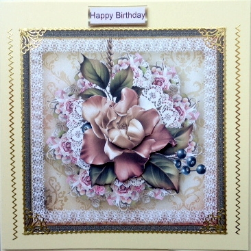 Rose Dusk 7x7 Card with Decoupage and Sentiment Tags by Mary Murphy