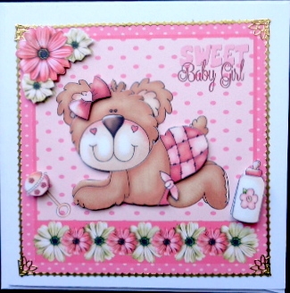 Baby Girl Card with Cute Teddy, Bottle and Rattle by Mary Murphy