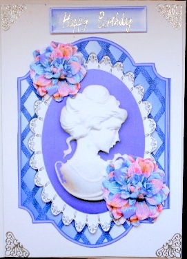 Pretty Mauve Cameo Lady on Lattice Frame with Flowers by Mary Murphy