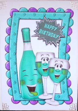 Turq Toony Wine & Glasses in Funky Foam Frame by Mary Murphy