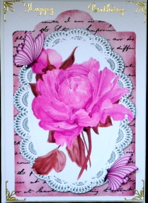 Pretty hand painted pink rose on lace & script with topper by Mary Murphy