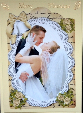 on our wedding day! on lace with gold bells and script by Mary Murphy