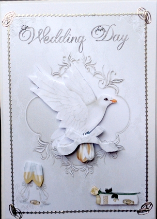 Wedding day card with dove, rings, bible, rose & champagne by Mary Murphy