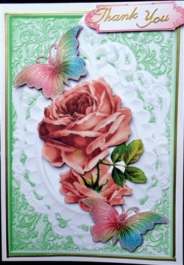 Pretty pink vintage rose in white ornate frame with butterflies by Mary Murphy