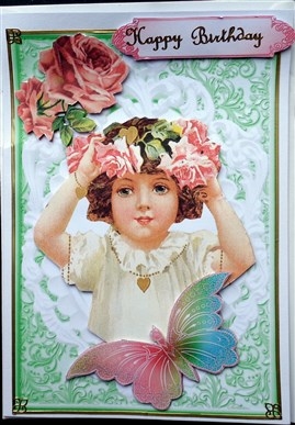 Pretty vintage girl with  roses in white ornate frame with butterfly by Mary Murphy