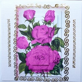 Pretty pink roses on a branch with pink birds pyramids by Mary Murphy