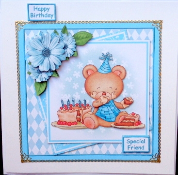 Blue Bear With Cake Layered Panels Card Front by Mary Murphy