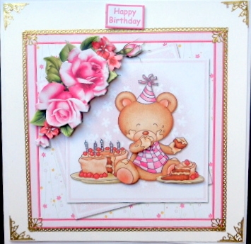 Pink Bear With Cake Layered Panels Card Front by Mary Murphy