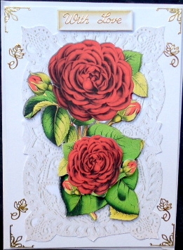 Pretty red roses on old ecru  lace  A5 by Mary Murphy