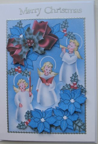Carolling Angels Decoupage with Blue Poinsettia, Holly and C by Mary Murphy
