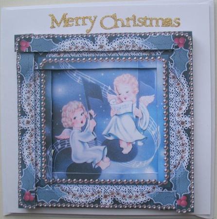 Singing Christmas Angels Spiral Edge Stacker Card Front by Mary Murphy