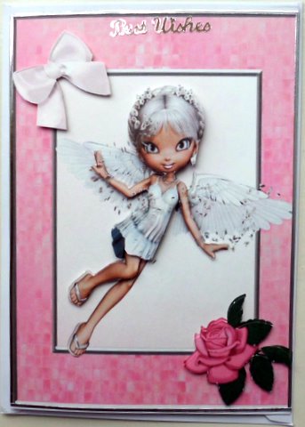 Little White Fairy in Pretty Pink Frame with Rose by Mary Murphy