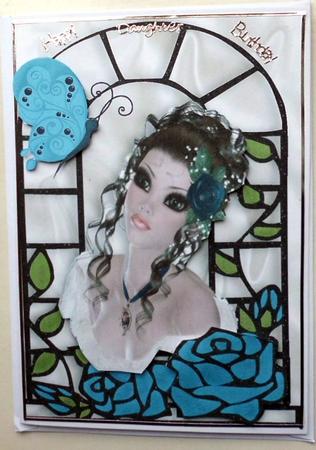 Lady with Turq Roses in Window Frame by Mary Murphy