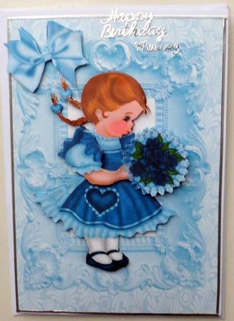 Sweet Little Girl with Blue Roses and Bow by Mary Murphy