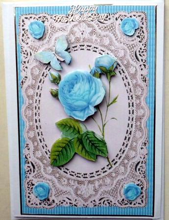 Beautiful Pale Blue Roses on Ecru Lace by Mary Murphy