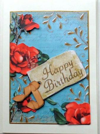 Red Tea Rose Teal Happy Birthday 7x5in Decoupage Topper by Mary Murphy