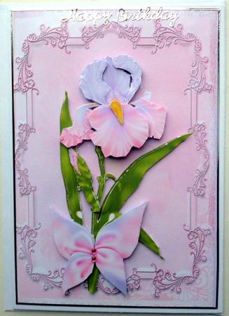 Pink and Lilac Framed Iris Card Front & Decoupage by Mary Murphy