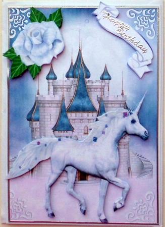 Beautiful White Unicorn with Fantasy Castle and Doves A5 by Mary Murphy