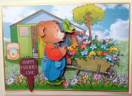 Daddy Bear in the Garden Card Front and Decoupage by Mary Murphy