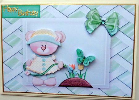 Cute Little Gardening Bear in Pretty Green Frame by Mary Murphy
