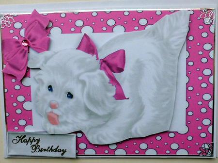 Little White Puppy in Cerise Spotty Frame with Bow by Mary Murphy