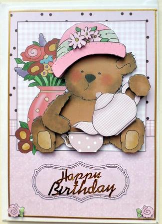 Pink Teddy Tea Time Card Front and Decoupage by Mary Murphy