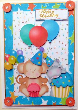 Cute Birthday Hippo & Monkey with Balloons by Mary Murphy
