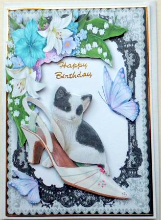 Kitten with Shoe, Butterflies and Flowers in Lace Frame by Mary Murphy