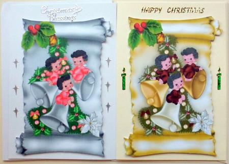 Christmas Angels with Bells on Silver/gold Scroll Toppers by Mary Murphy